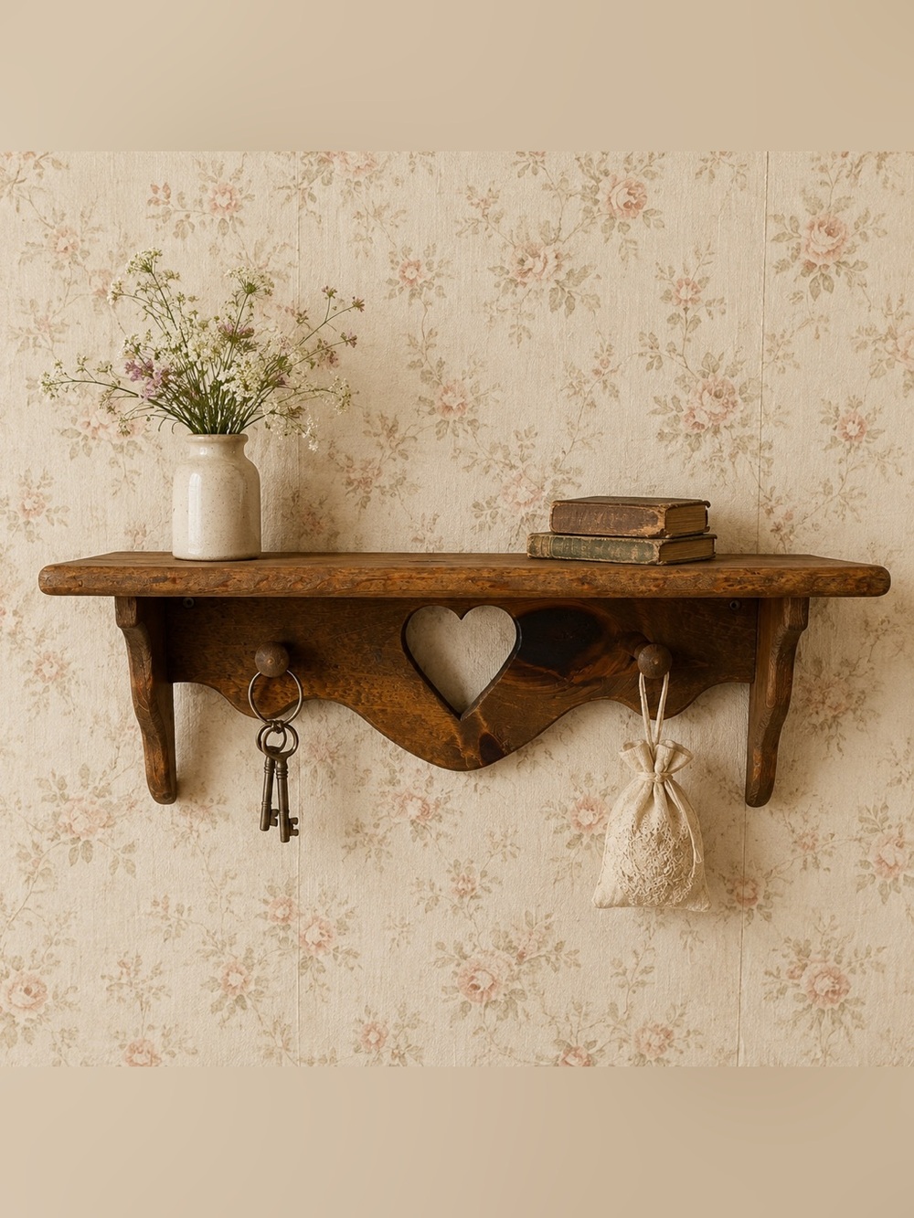 Vintage Wooden Heart Wall Shelf with Pegs Rustic Farmhouse Cottagecore Decor
